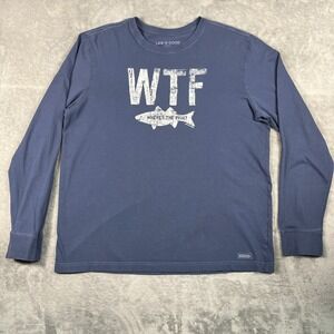 Life Is Good Crusher Tee Mens L WTF Where's the Fish? Blue LS Distressed Print